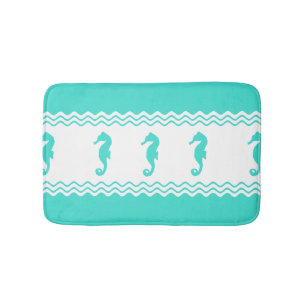 Coastal Turquoise White Ocean Seahorses Bath Mat