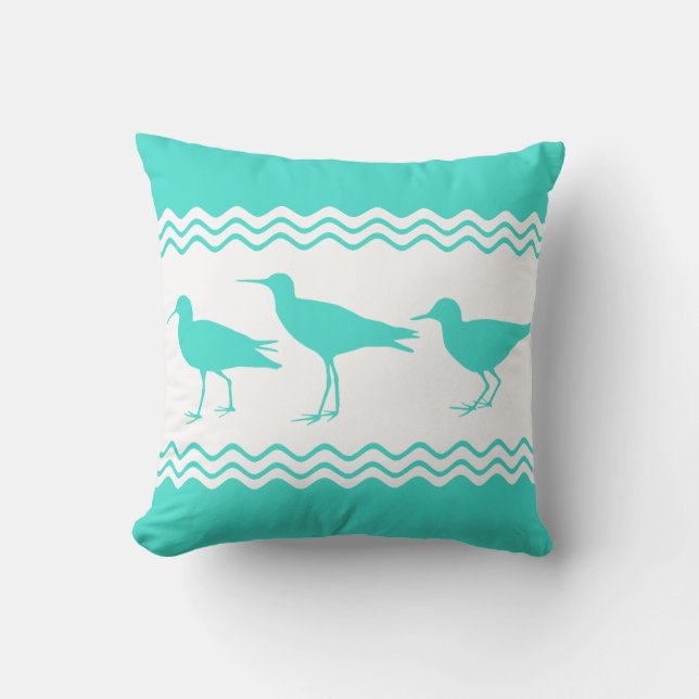 Coastal Turquoise White Sandpiper Birds Pattern Throw Pillow (Front)