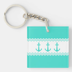 Coastal Turquoise White Stripe Anchor Nautical Keychain