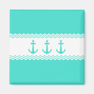 Coastal Turquoise White Stripe Anchor Nautical Magnet