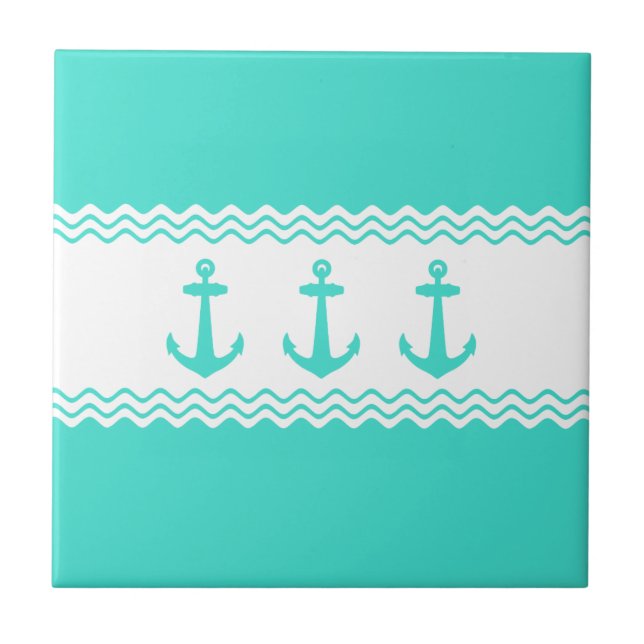 Coastal Turquoise White Stripe Anchor Nautical Tile (Front)