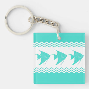 Coastal Turquoise White Stripe Angelfish Pattern Keychain