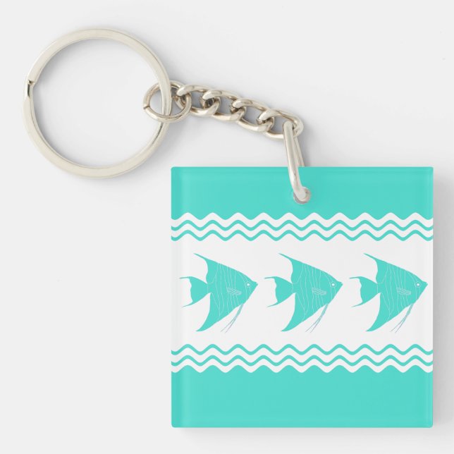 Coastal Turquoise White Stripe Angelfish Pattern Keychain (Front)