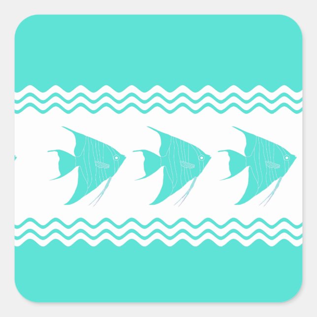 Coastal Turquoise White Stripe Angelfish Pattern Square Sticker (Front)