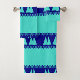 Coastal Turquoise White Stripe Sailboat Pattern Bath Towel Set