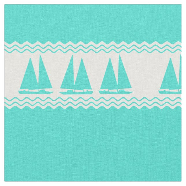 Coastal Turquoise White Stripe Sailboat Pattern Fabric (Close Up)