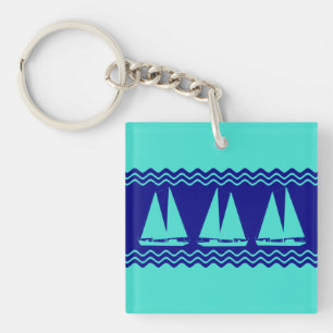 Coastal Turquoise White Stripe Sailboat Pattern Keychain