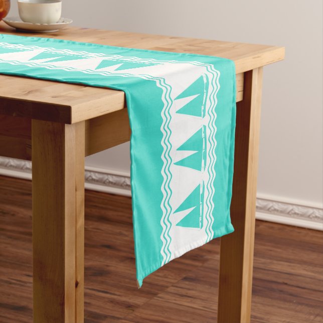 Coastal Turquoise White Stripe Sailboat Pattern Medium Table Runner (In Situ)