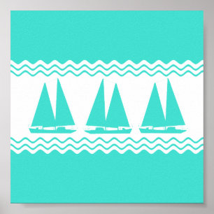 Coastal Turquoise White Stripe Sailboat Pattern Poster