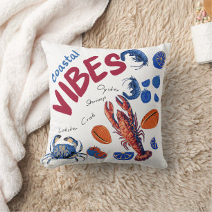 Coastal Vibes Retro Seafood & Shellfish Throw Pillow