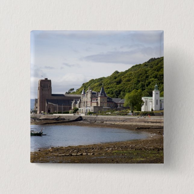 Coastal view with historic buildings, Oban, 2 Inch Square Button (Front)