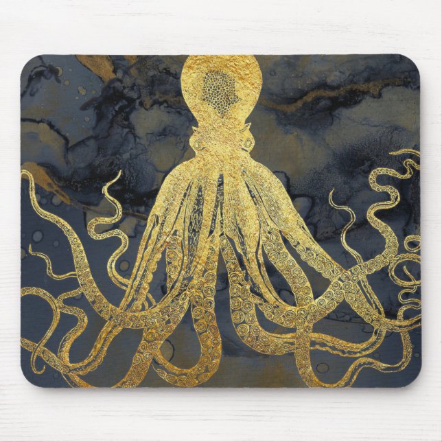 Coastal Vintage Gold Black Octopus Ink Watercolor Mouse Pad (Front)