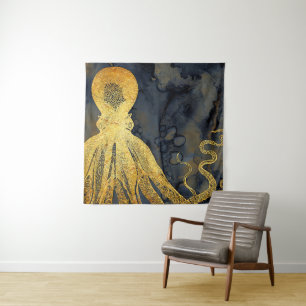 Coastal Vintage Gold Black Octopus Ink Watercolor Tapestry