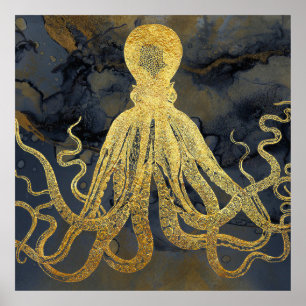 Coastal Vintage Gold Blue Black Octopus Watercolor Poster