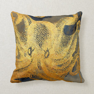 Coastal Vintage Gold Blue Black Octopus Watercolor Throw Pillow