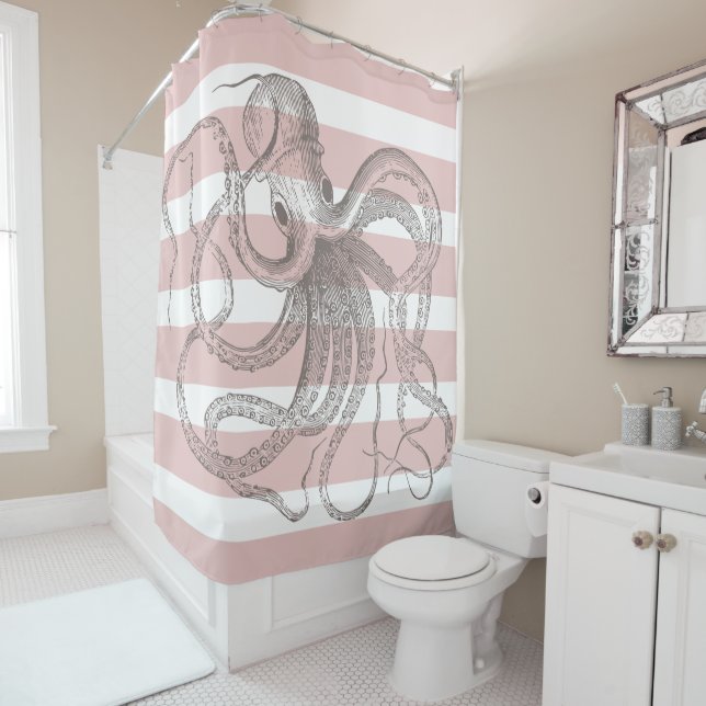 Coastal Vintage Octopus on Nautical Pink Stripes (In Situ)