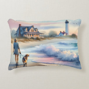 Coastal Walk to Lighthouse at Sunset Accent Pillow