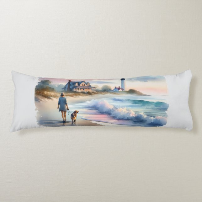Coastal Walk to Lighthouse at Sunset Body Pillow (Front)