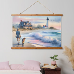 Coastal Walk to Lighthouse at Sunset Hanging Tapestry