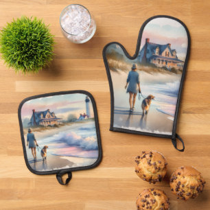 Coastal Walk to Lighthouse at Sunset Oven Mitt & Pot Holder Set