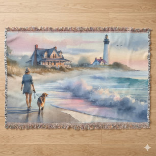 Coastal Walk to Lighthouse at Sunset Throw Blanket
