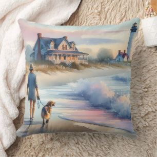 Coastal Walk to Lighthouse at Sunset Throw Pillow