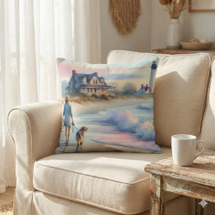 Coastal Walk to Lighthouse at Sunset Throw Pillow