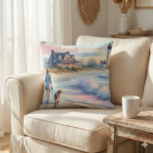 Coastal Walk to Lighthouse at Sunset Throw Pillow (Coastal Walk to Lighthouse at Sunset Throw Pillow Mockup A)