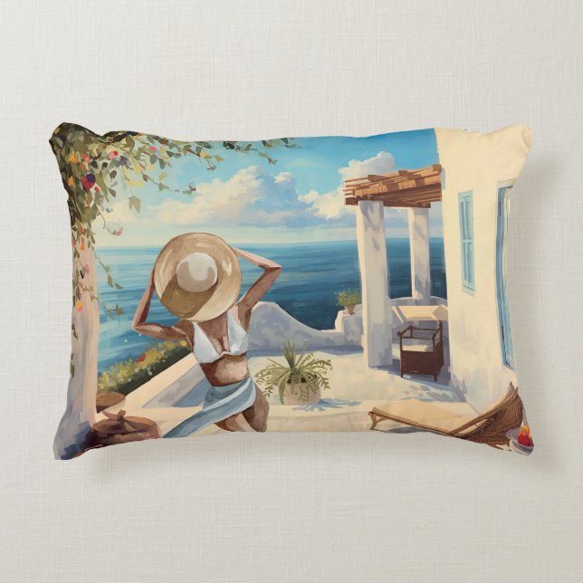 Coastal Wall Art | Mediterranean Woman Seaside  Accent Pillow (Front)