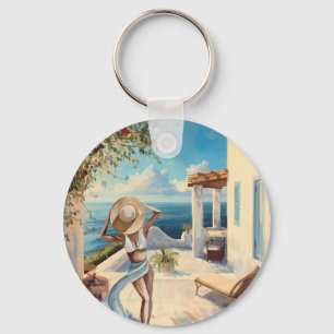 Coastal Wall Art Mediterranean Woman Seaside Keychain