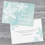 Coastal Watercolor Beach Christmas Holiday Card<br><div class="desc">Elegant Beach Seasons Greetings 'Seas & Greetings' Blue Watercolor Starfish Holiday Card. A fun play on 'Seasons Greetings' with 'Seas & Greetings' (you can change to the classic words if you want). Cute and simple modern beach themed print. A teal blue watercolor background with white starfish straight from the ocean!...</div>