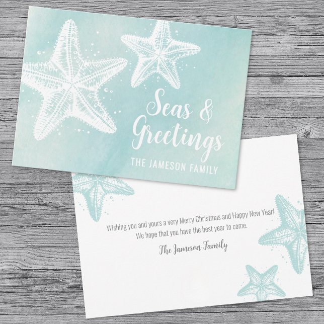 Coastal Watercolor Beach Christmas Holiday Card (Elegant Beach Seasons Greetings Holiday Card)