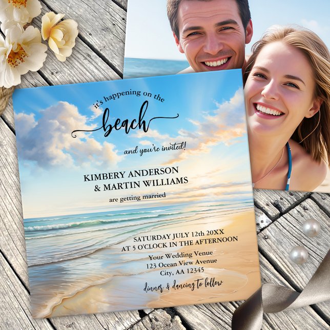 Coastal Watercolor Beach Wedding Invitation (An elegant photo wedding invitation featuring a watercolor painting of a beach on a sunny day)