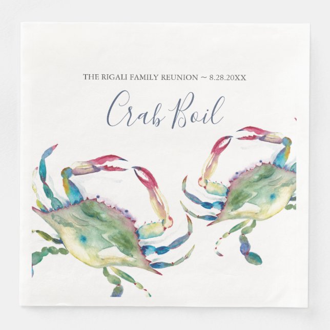 Coastal Watercolor Blue Crab Personalized Napkin (Front)