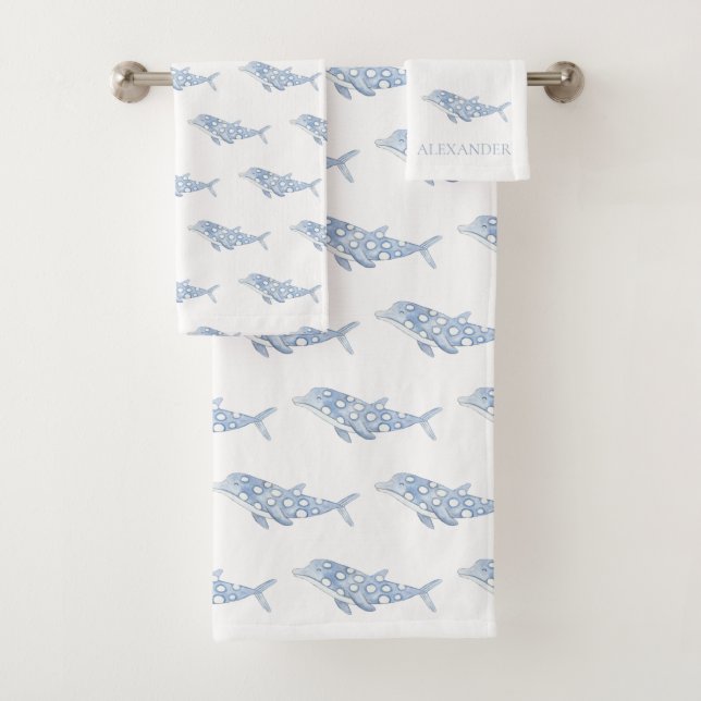 Coastal Watercolor Blue Polka Dot Dolphin Bath Towel Set (Insitu)