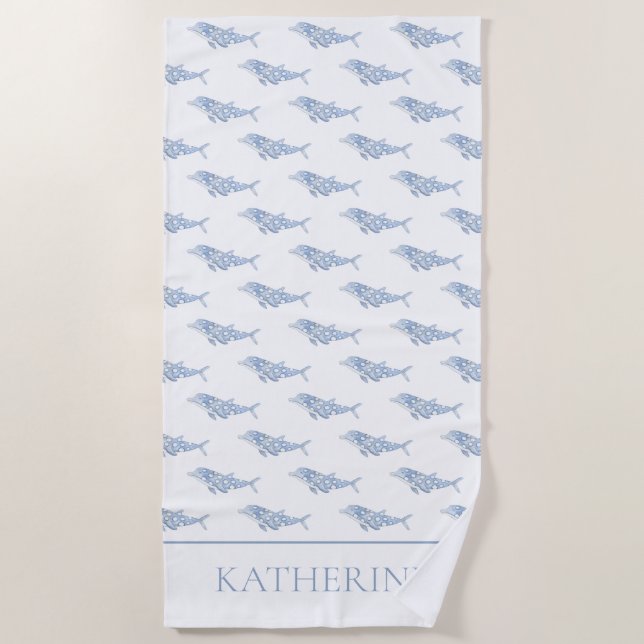 Coastal Watercolor Blue Polka Dot Dolphin Beach Towel (Front)
