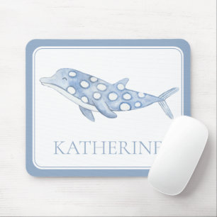 Coastal Watercolor Blue Polka Dot Dolphin Mouse Pad