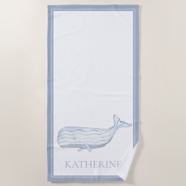 Coastal Watercolor Blue Whale Personalized Beach Towel (Front)