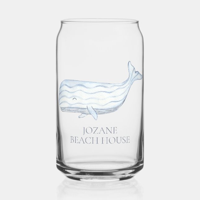 Coastal Watercolor Blue Whale Personalized Can Glass (Front)