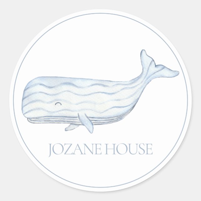 Coastal Watercolor Blue Whale Personalized Classic Round Sticker (Front)