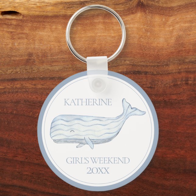 Coastal Watercolor Blue Whale Personalized Keychain (Front)