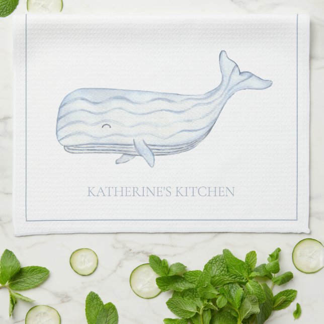 Coastal Watercolor Blue Whale Personalized Kitchen Towel (Folded)
