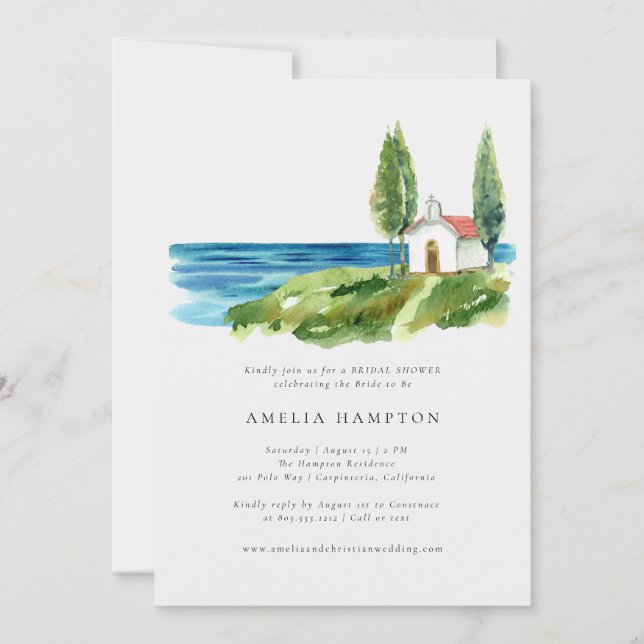 Coastal Watercolor Chapel Ocean  Bridal Shower  Invitation (Front)