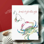 Coastal Watercolor Crab Beach Christmas Holiday Card<br><div class="desc">This Coastal theme Christmas card features my original hand painted watercolor crab with holiday lights in shades of red, green, blue and turquoise on a crisp white background. The words Seas and Greetings are set in a modern brush script typography. The inside features a solid berry red color with your...</div>