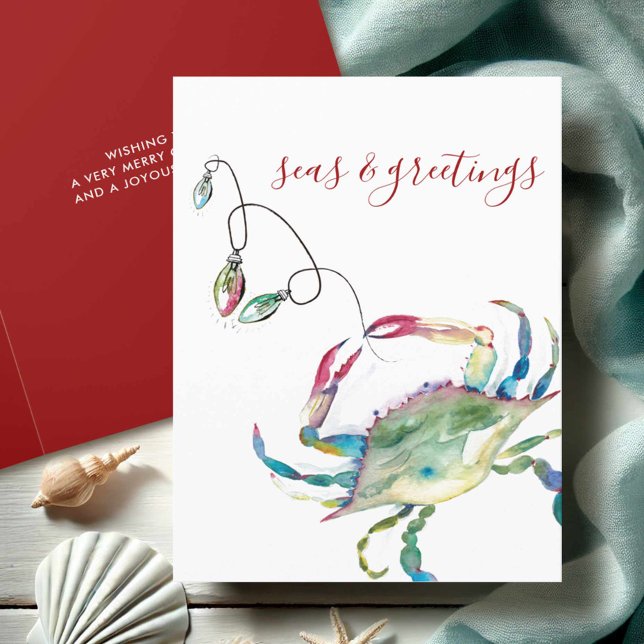 Coastal Watercolor Crab Beach Christmas Holiday Card (Beach Christmas cards watercolor blue crab art by Victoria Grigaliunas Do Tell A Belle)