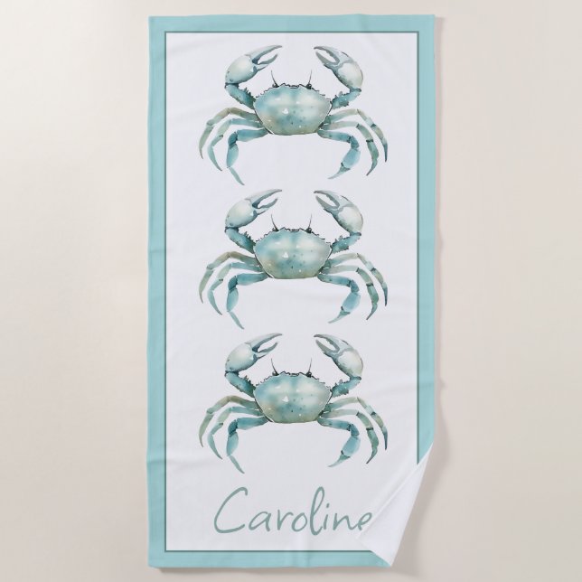 Coastal Watercolor Crab Personalized Beach Towel (Front)