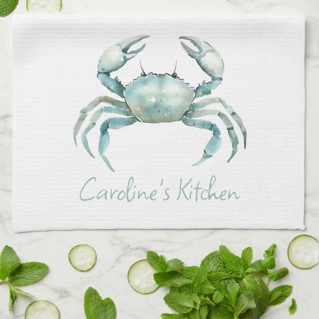 Coastal Watercolor Crab Personalized Kitchen Towel (Folded)