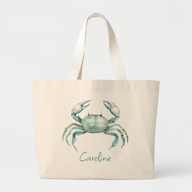 Coastal Watercolor Crab Personalized Large Tote Bag (Front)