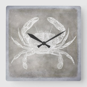 Coastal Watercolor Crab Silver Pewter Neutral Square Wall Clock