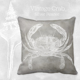 Coastal Watercolor Crab Silver Pewter Neutral Throw Pillow